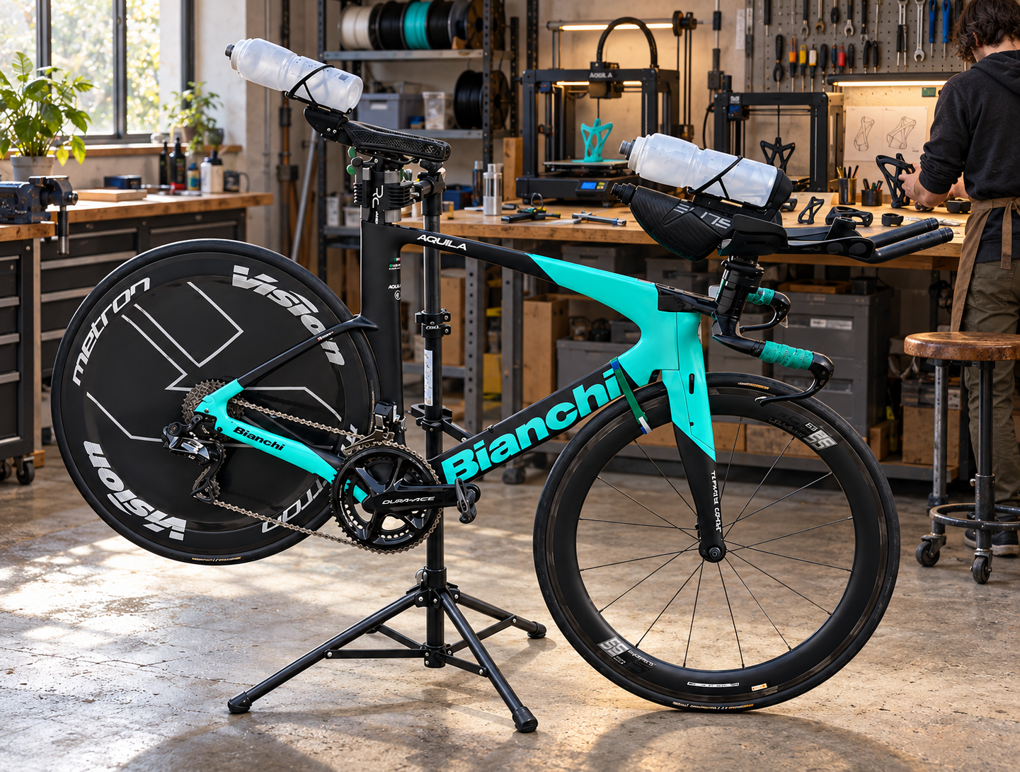 Vélo de contre-la-montre équipé de pièces Speed Conception dans l'atelier