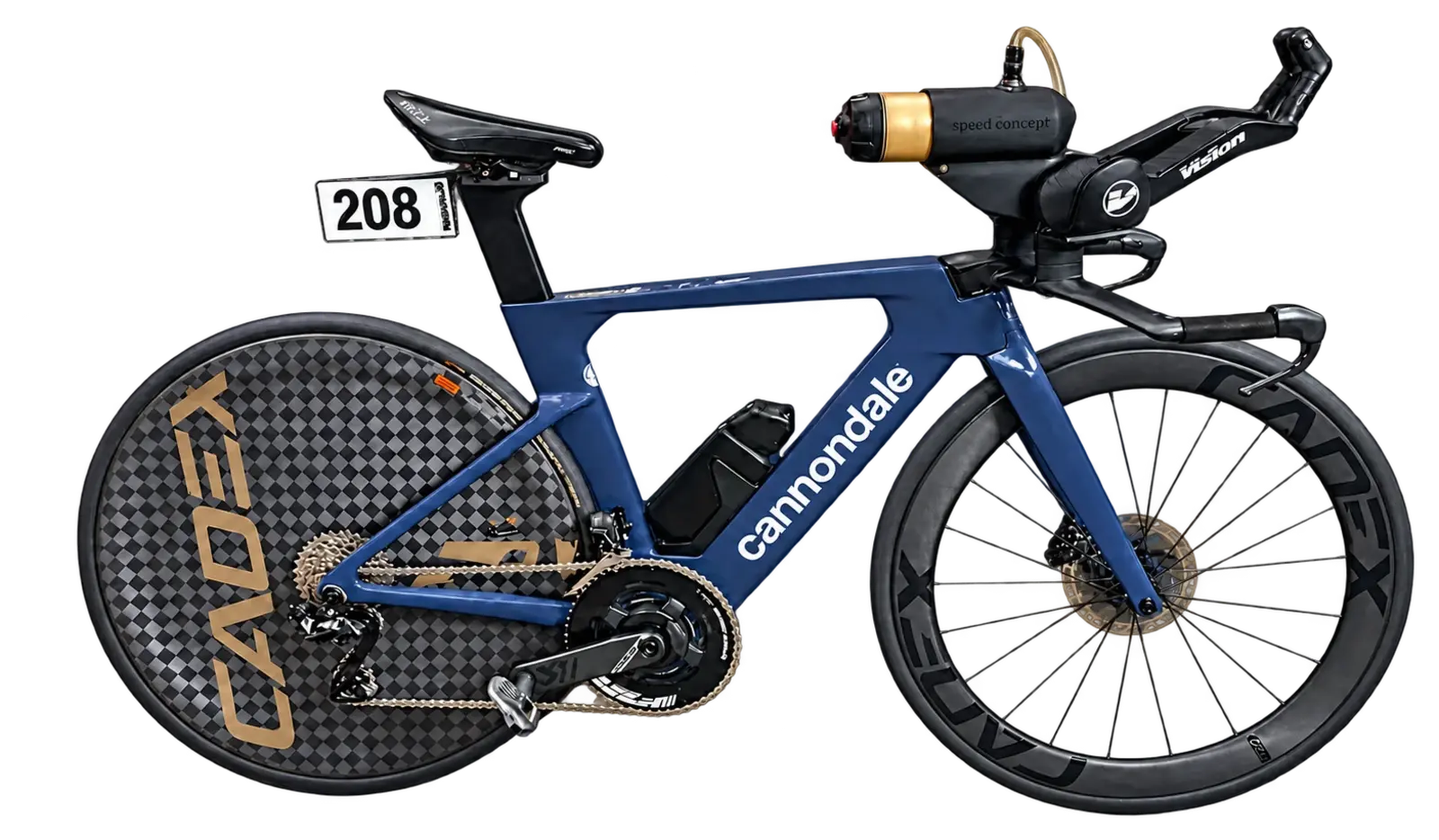 Vélo de contre-la-montre Cannondale bleu d’Hippolyte, roues Cadex, avec un bidon doré monté entre les prolongateurs Vision